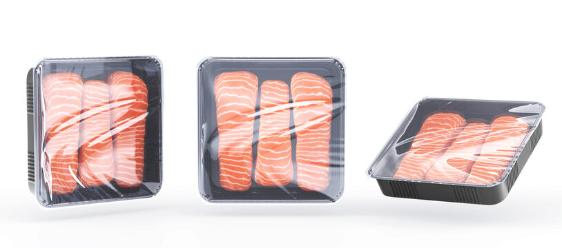 Black plastic food tray with raw fish in different angles. Realistic mockup fresh salmon steak, trout fillet in package with transparent film for store retail, isolated 3d render set