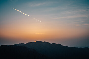 Panorama of Mount Sinai in Egypt. Dawn of the holy summit