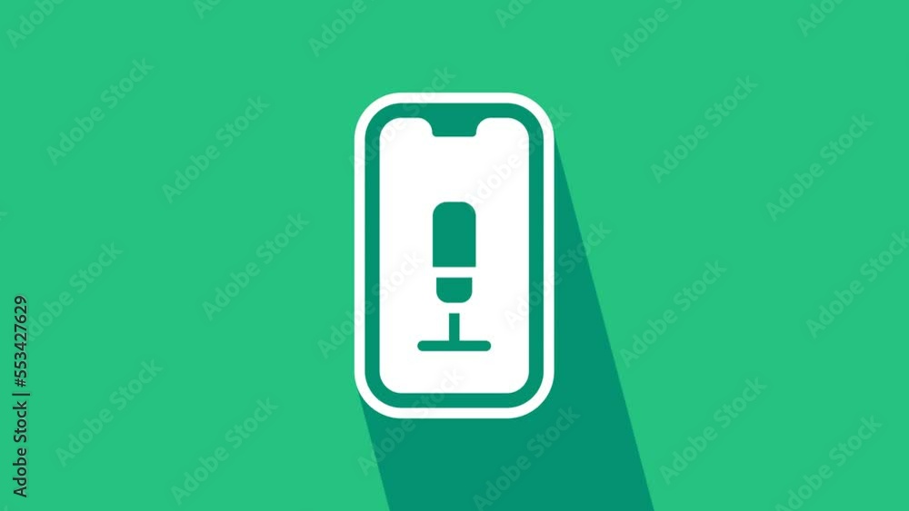 Poster white mobile recording icon isolated on green background. mobile phone with microphone. voice record