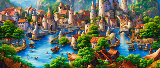 Artistic concept illustration of a Fairy tales village with small houses, Generative AI