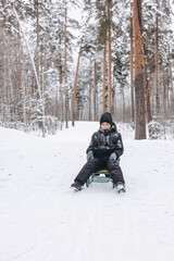 Fototapeta na wymiar Happy teenager boy sledding and having fun outdoors. Joyful child playing in snow in winter forest. Laughing smiling kid walking in winter park in cold weather