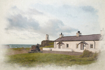 The pilot's cottages digital watercolor painting at Ynys Llanddwyn.