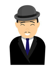 Cheerful japanese asian gentleman in bowler hat and classic jacket with shirt and tie. Cartoon character. Color vector isolated on white background
