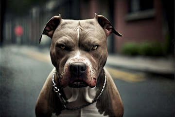 Harsh and evil pit bull. Dog can bite.