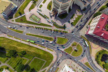 aerial view of road interchange or highway intersection. Junction network of transportation taken by drone.