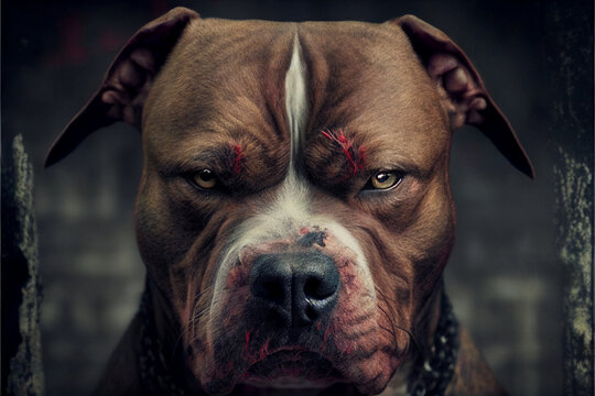 Harsh and evil pit bull. Dog can bite.