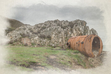 Porth Wen brickworks digital watercolor painting.