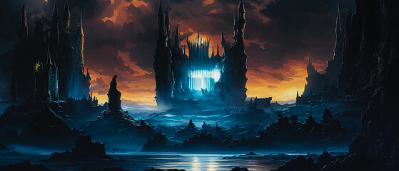 Dark interior castle with white moon in background
