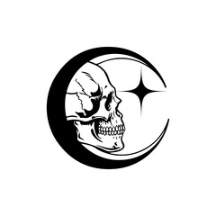 vector illustration of a skull with a crescent moon symbol
