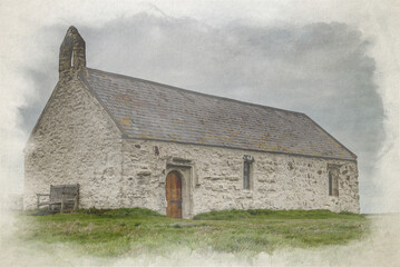 Fototapeta na wymiar Digital watercolor painting of St Cwyfan's Church, the church in the sea, Anglesey.