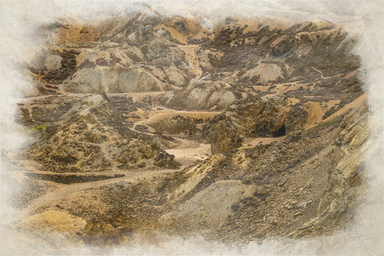 Digital watercolor painting of the Parys Mountain copper mine.