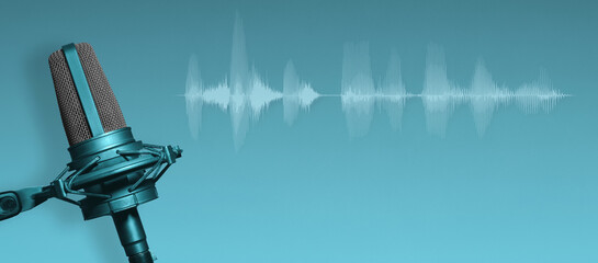 Vocal microphone with audio waveform. Podcast or broadcast radio recording studio banner background...