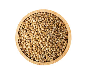 Coriander seeds in wood bowl isolated on transparent png