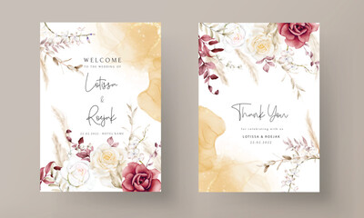 Double sided wedding invitation template with boho watercolor flower
