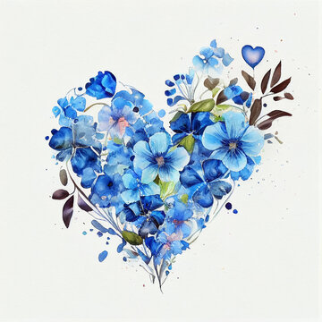  heart of blue flowers, watercolor painting, Generative AI