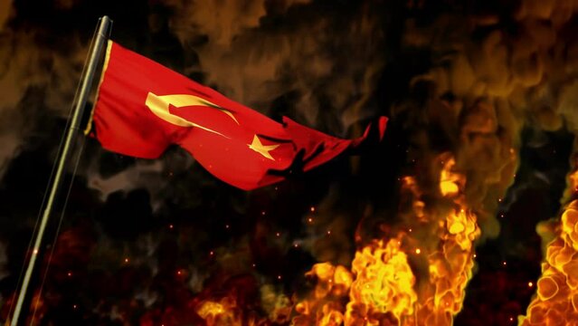 waving Turkey flag on burning fire backdrop - crysis concept