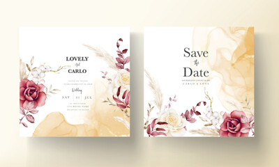 Double sided wedding invitation template with boho watercolor flower