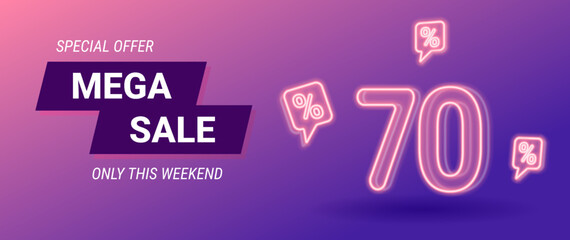 sale neon banner, 70 percent off, vector illustration