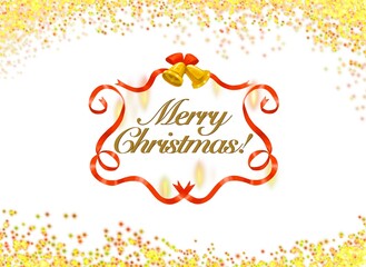 ゴールドのキラキラを背景にリボンとベルでメリークリスマス！
