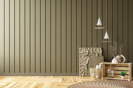 Empty room interior background, olive color paneling wall, home decor over the wooden planks wall. Weave rug on the parquet flooring. 3d rendering