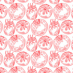 Seamless pattern of red hand drawn tomatoes, tomato slices on a white background. Vector illustration