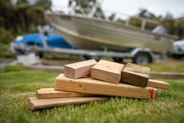 tyre blocks for a trailer in a park.