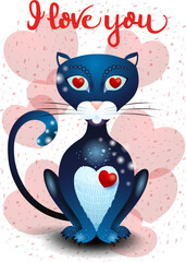 Black cat in love with hearts and text, vector illustration eps10