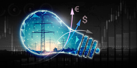 Power lines in symbolic light bulb, stock price charts and ascending arrows with dollar and euro...