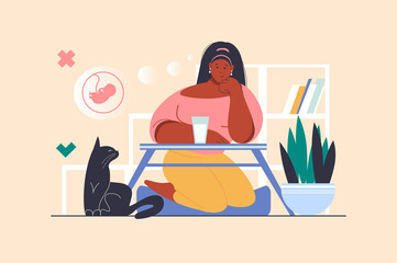 Childfree concept with people scene in flat design. Childless woman chooses to live single with her pet cat. Young girl decides not to have baby. Illustration with character situation for web