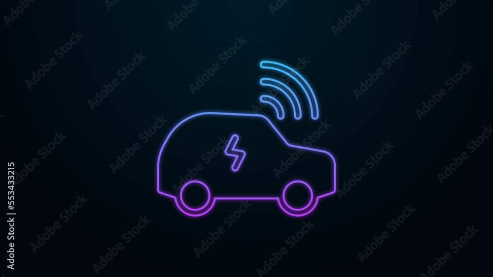 Poster glowing neon line smart car system with wireless connection icon isolated on black background. remot