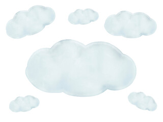 Watercolor illustration collage of blue clouds . Idea for background, print, books, children’s art, cartoon, banner, poster