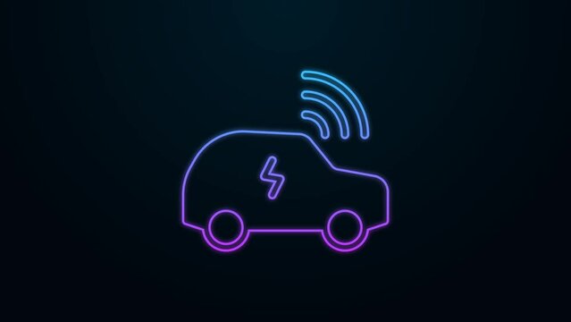 Glowing neon line Smart car system with wireless connection icon isolated on black background. Remote car control. 4K Video motion graphic animation