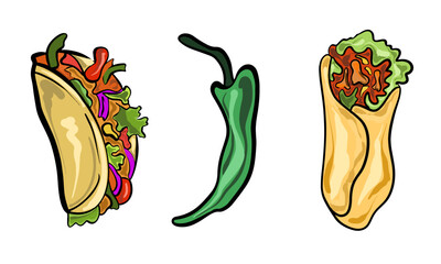 Vector Mexican traditional food burrito chili and tacos drawn in flat cartoon style. - obrazy, fototapety, plakaty
