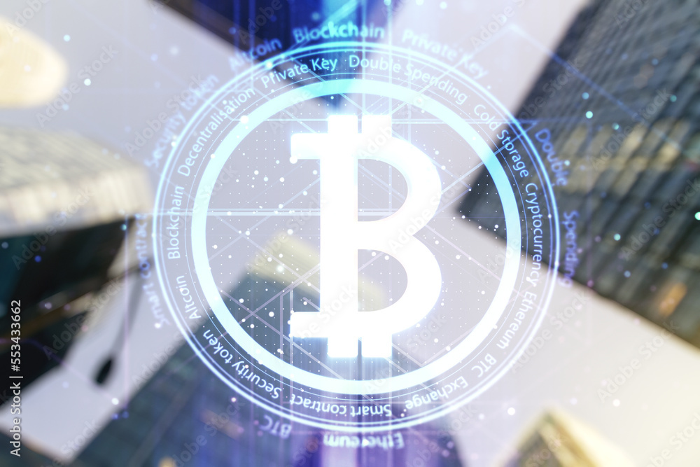 Poster virtual bitcoin sketch on modern architecture background. double exposure