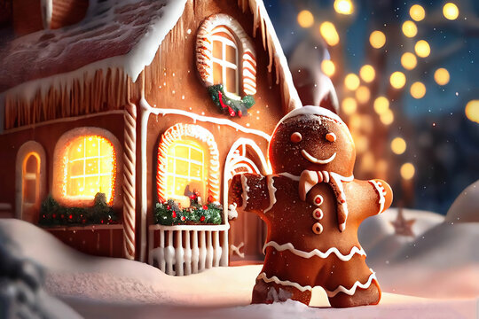 Smiling gingerbread man near the gingerbread house decorated for Christmas, AI generated image