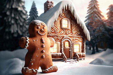 Gingerbread man in front of the patterned gingerbread house, winter scene with snow, AI generated image