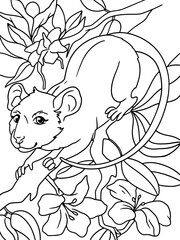 Rat on a tree branch, flowering tree. Children coloring book. Vector.