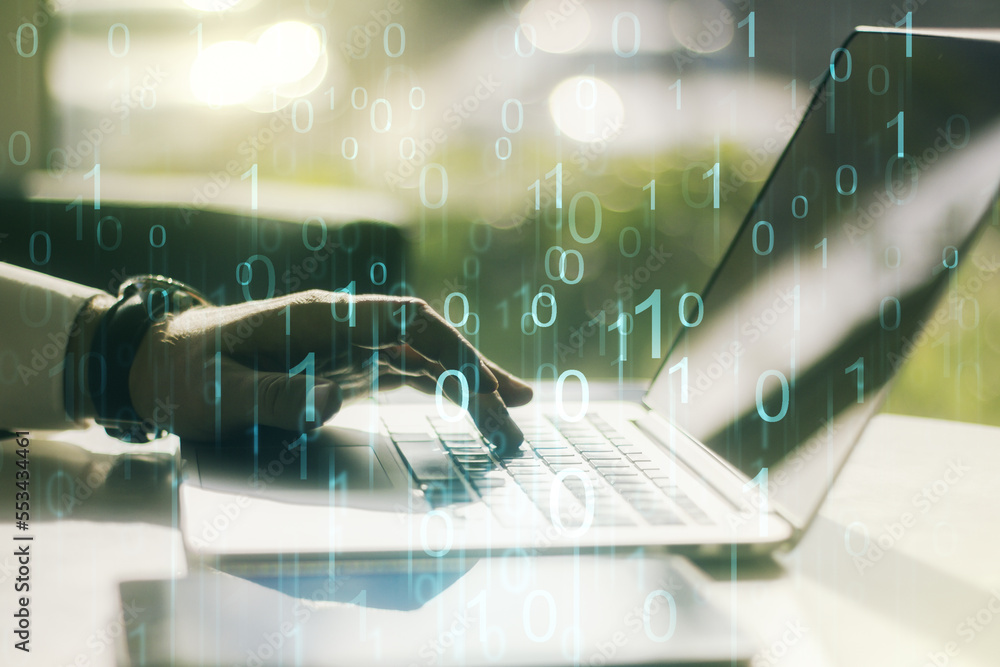 Aufkleber creative abstract binary code hologram and hands typing on computer keyboard on background, ai and m