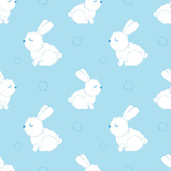 Fluffy rabbit seamless pattern. White funny rabbit repeat on blue background. Baby design vector illustration. 