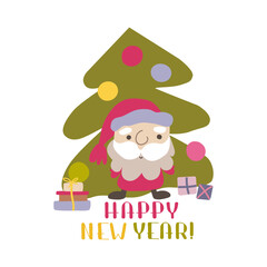 Cute Santa Claus and Christmas tree. Hand drawn doodle illustration with handdrawn lettering Happy New year.