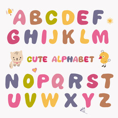 Cute colourful hand drawn doodle style alphabet.