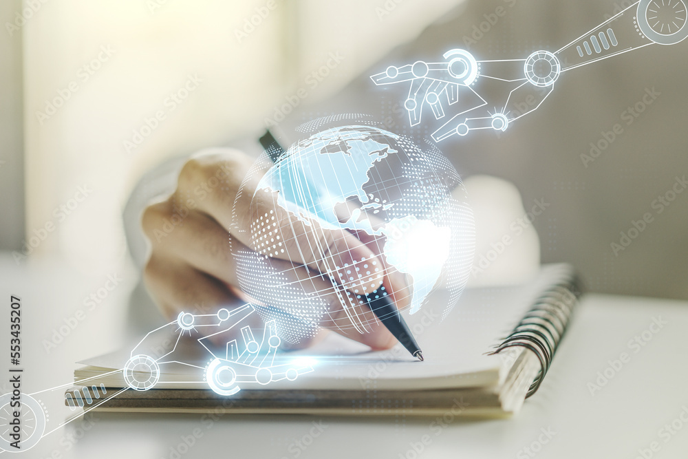 Poster creative abstract robotics technology hologram with globe and man hand writing in diary on backgroun