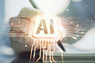Creative artificial Intelligence symbol concept with woman hand writing in diary on background....