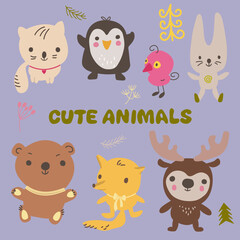 Set of hand drawn kawaii style cute animal. Doodle isolated illustration with animals.