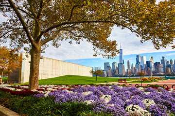 Beautiful flower garden in flag formation by 9 11 memorial in New Jersey overlooking New York City...