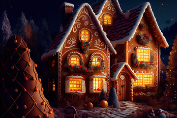 Fototapeta premium Wonderful fairy tale village of little gingerbread houses decorated for Christmas with Christmas trees and lights in the windows, AI generated image