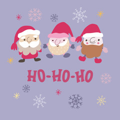 Three cute Santa Claus, doodle, kawaii style character with hand drawn lettering Ho Ho Ho.