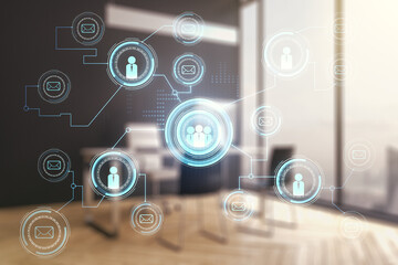 Obraz premium Social network media concept and modern desktop with pc on background. Double exposure