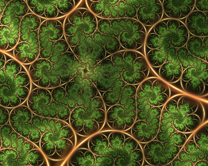Abstract Kleinian fractal art of infinite glowing spirals, perhaps like foliage or fern fronds.