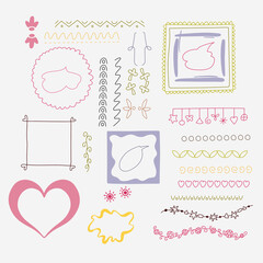 Set of borders and frames. Hand drawn, doodle elements isolated on white background.